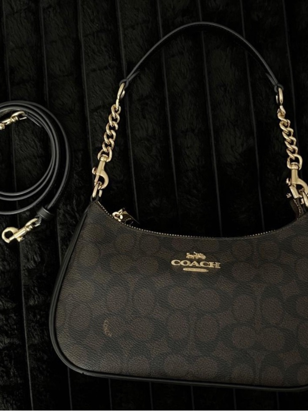 Coach Brown Zip-Top Signature Teri Canvas Shoulder Bag with Gold Hardware